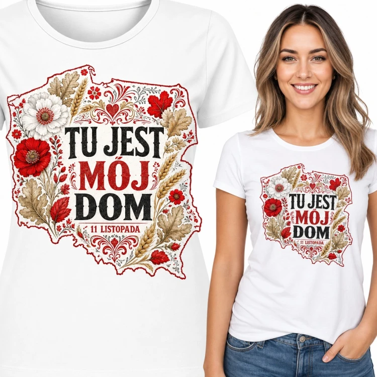 Koszulka damska patriotyczna „Tu jest mój dom” - mapa Polski w folkowe kwiaty na 11 listopada