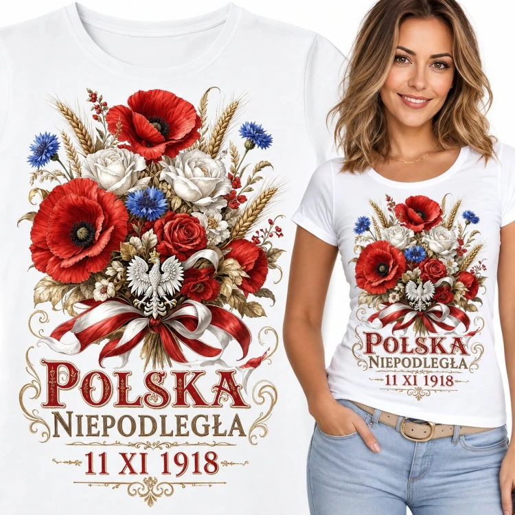 Koszulka damska „Polska Niepodległa 11 XI 1918” - bukiet maków z orłem