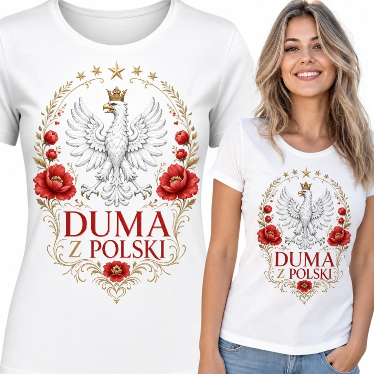Koszulka damska „Duma z Polski” - biały orzeł w koronie wśród czerwonych maków