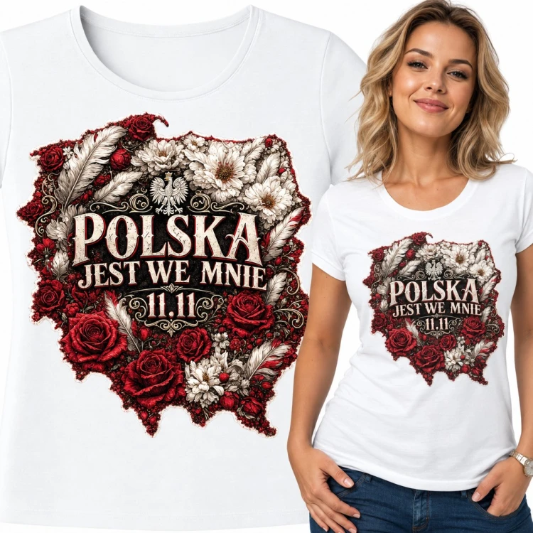 Koszulka damska „Polska jest we mnie 11.11” - mapa Polski z różami i orłem
