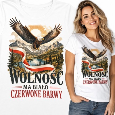 Koszulka damska patriotyczna z orłem i biało-czerwoną wstęgą „Wolność ma biało czerwone barwy”