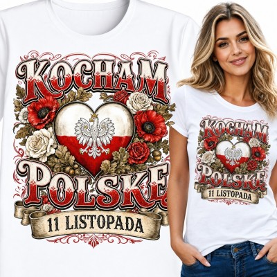 Koszulka damska „Kocham Polskę 11 listopada” - serce z orłem w koronie i maki