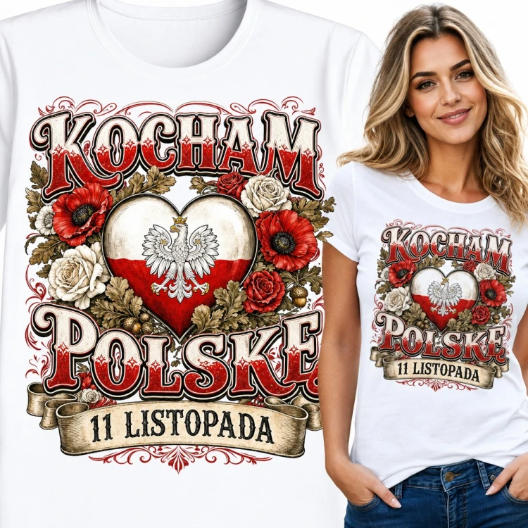 Koszulka damska „Kocham Polskę 11 listopada” - serce z orłem w koronie i maki