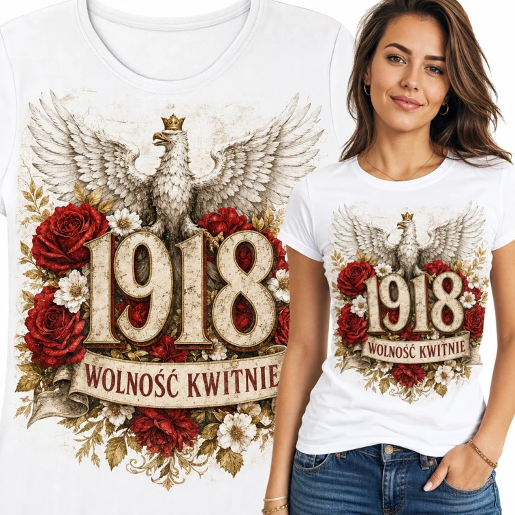 Koszulka damska patriotyczna „1918 Wolność kwitnie” - orzeł w koronie i czerwone róże