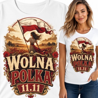Koszulka damska patriotyczna „Wolna Polka 11.11” - kobieta z flagą w polu maków