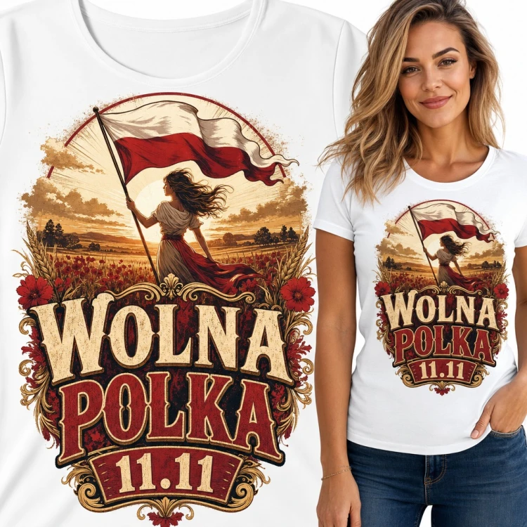 Koszulka damska patriotyczna „Wolna Polka 11.11” - kobieta z flagą w polu maków