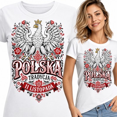 Koszulka damska z orłem w koronie i ludowymi kwiatami „Polska tradycja 11 listopada”