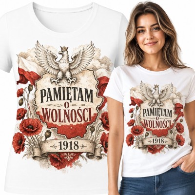Koszulka damska „Pamiętam o wolności 1918” - orzeł, flaga i maki na Święto Niepodległości