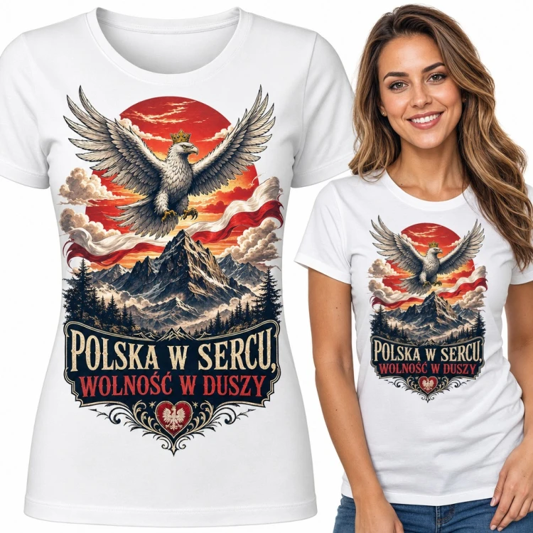 Koszulka damska z orłem w koronie nad górami „Polska w sercu, wolność w duszy”