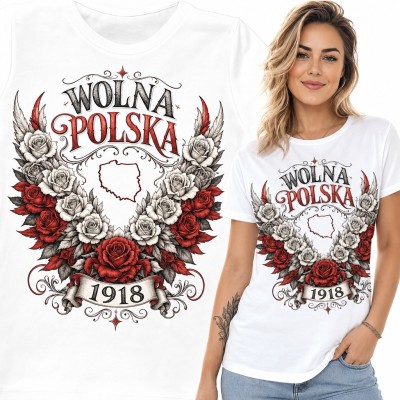 Koszulka damska „Wolna Polska 1918” - biało-czerwone róże i mapa kraju