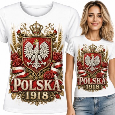 Koszulka damska „Polska 1918” - godło z orłem w koronie, różami i kłosami