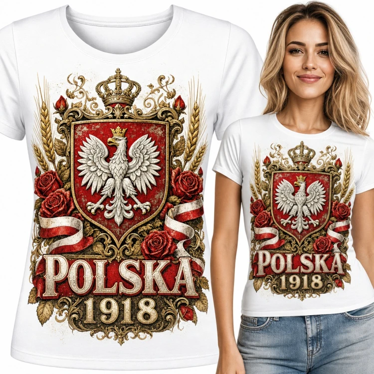 Koszulka damska „Polska 1918” - godło z orłem w koronie, różami i kłosami