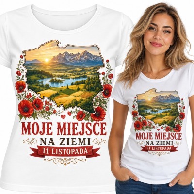 Koszulka damska „Moje miejsce na ziemi” - mapa Polski z makami na 11 listopada