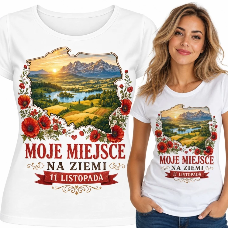 Koszulka damska „Moje miejsce na ziemi” - mapa Polski z makami na 11 listopada