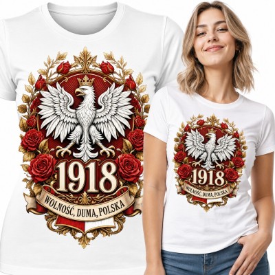 Koszulka damska „Wolność, duma, Polska” - orzeł w koronie, 1918 i czerwone róże
