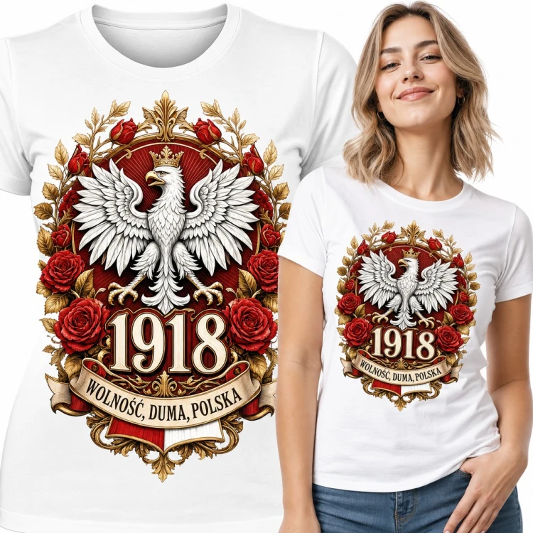 Koszulka damska „Wolność, duma, Polska” - orzeł w koronie, 1918 i czerwone róże