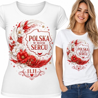 Koszulka damska „Polska w moim sercu” - mapa, biało-czerwone kwiaty i pióra na 11.11