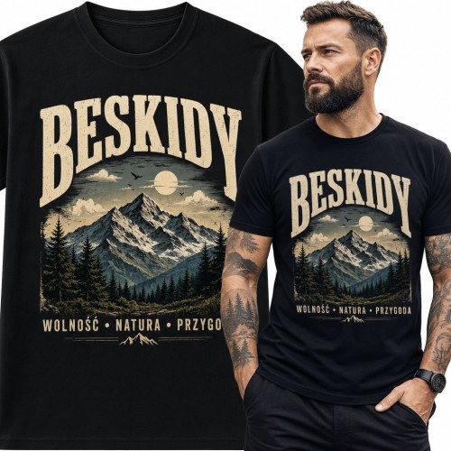 Koszulka męska z górskim motywem „Beskidy” - retro panorama gór
