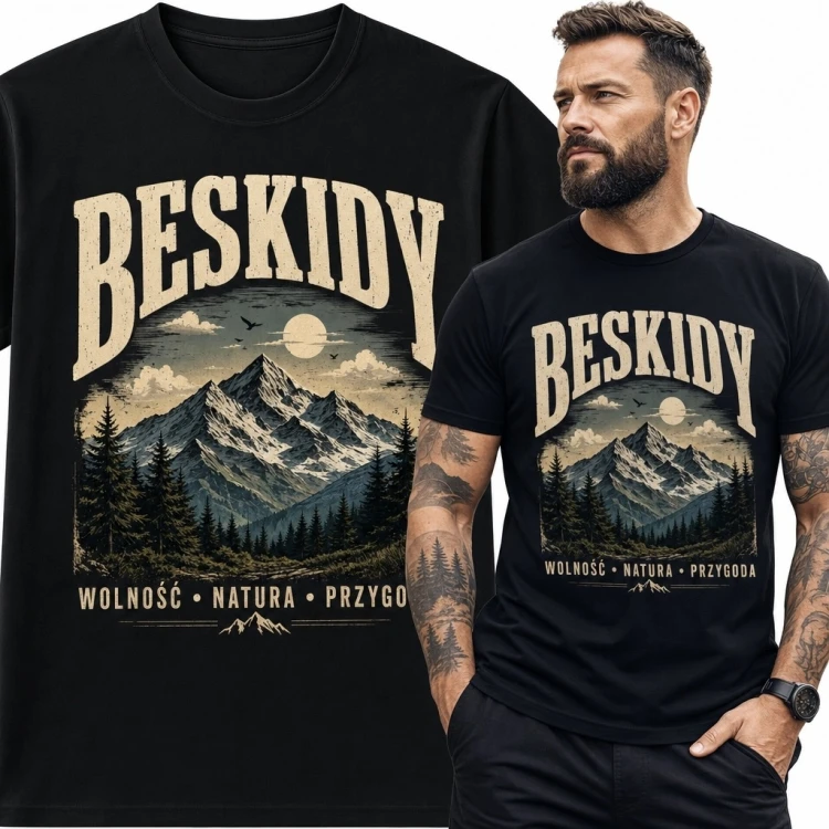 Koszulka męska z górskim motywem „Beskidy” - retro panorama gór