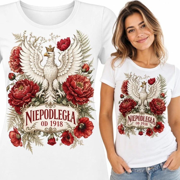 Koszulka damska „Niepodległa od 1918” - orzeł w koronie wśród maków i piwonii