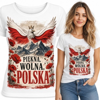 Koszulka damska „Piękna, wolna, Polska” - orzeł w koronie nad górami i czerwone maki