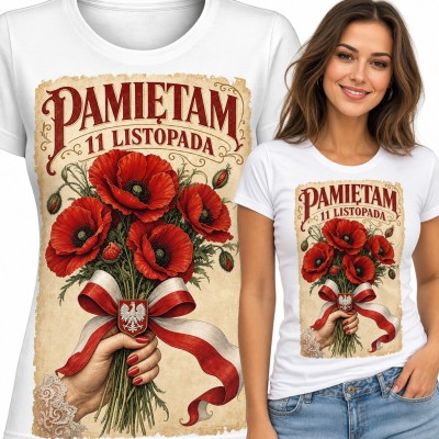 Koszulka damska „Pamiętam 11 listopada” - bukiet maków z biało-czerwoną wstążką