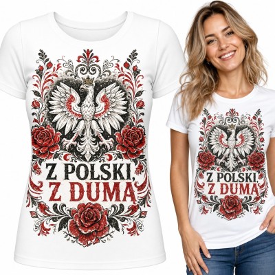 Koszulka damska z orłem w koronie i różami „Z Polski, z dumą”