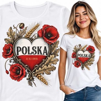 Koszulka damska „Polska” - biało-czerwone serce z makami na 11 listopada