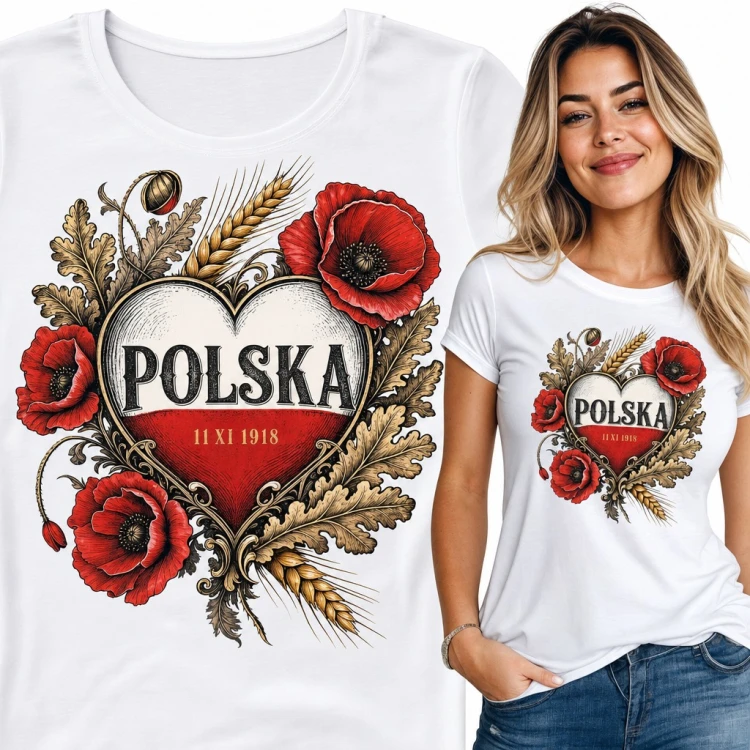 Koszulka damska „Polska” - biało-czerwone serce z makami na 11 listopada