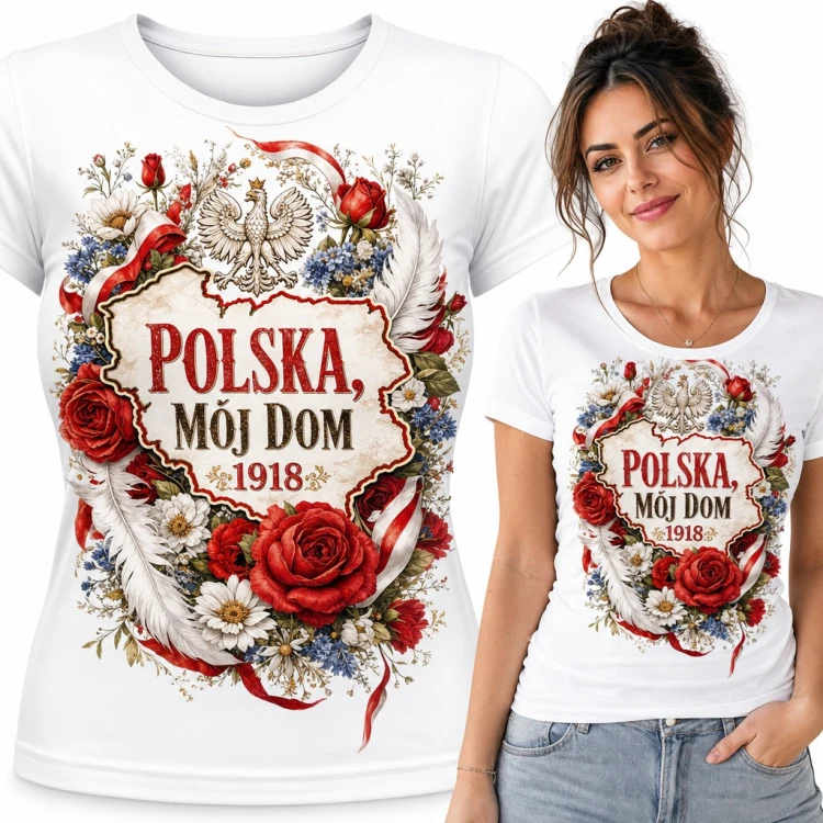Koszulka damska „Polska, mój dom 1918” - orzeł biały, mapa i róże