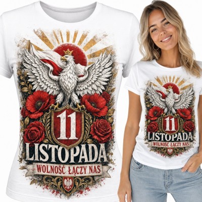 Koszulka damska „11 listopada wolność łączy nas” - orzeł w koronie i czerwone maki