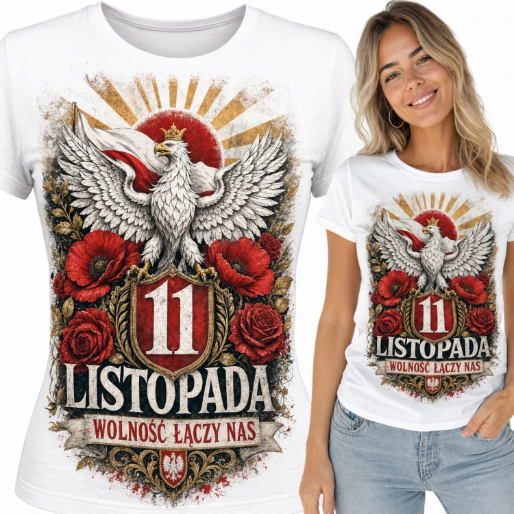 Koszulka damska „11 listopada wolność łączy nas” - orzeł w koronie i czerwone maki