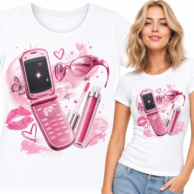 Koszulka damska Y2K - różowy telefon z klapką, błyszczyk i okulary