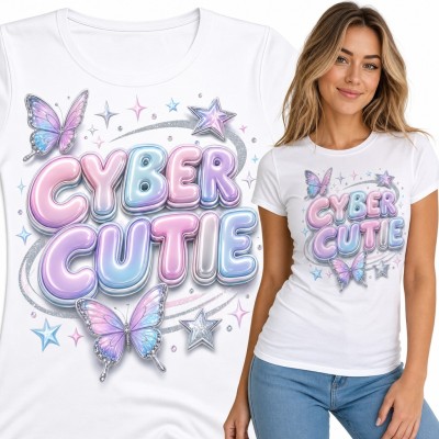 Koszulka damska „Cyber Cutie” - pastelowe motyle i gwiazdki w stylu Y2K