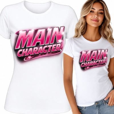 Koszulka damska „Main Character” - różowy napis airbrush w stylu Y2K