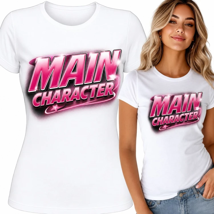 Koszulka damska „Main Character” - różowy napis airbrush w stylu Y2K