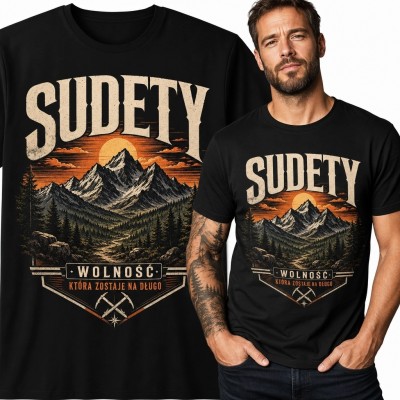 Koszulka męska „Sudety” z panoramą gór i hasłem „Wolność” - styl retro