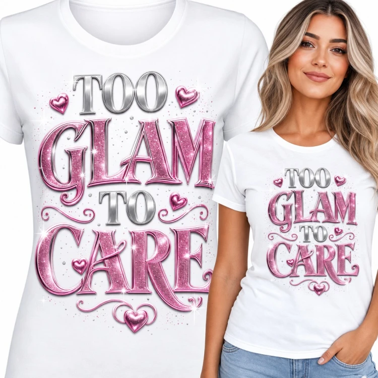 Koszulka damska „Too glam to care” - różowy brokat i serduszka
