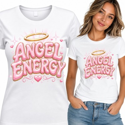 Koszulka damska „Angel energy” - różowe bąbelkowe litery z aureolą i serduszkami