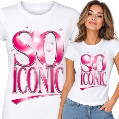 Koszulka damska „So iconic” - różowy błyszczący napis glamour z gwiazdkami