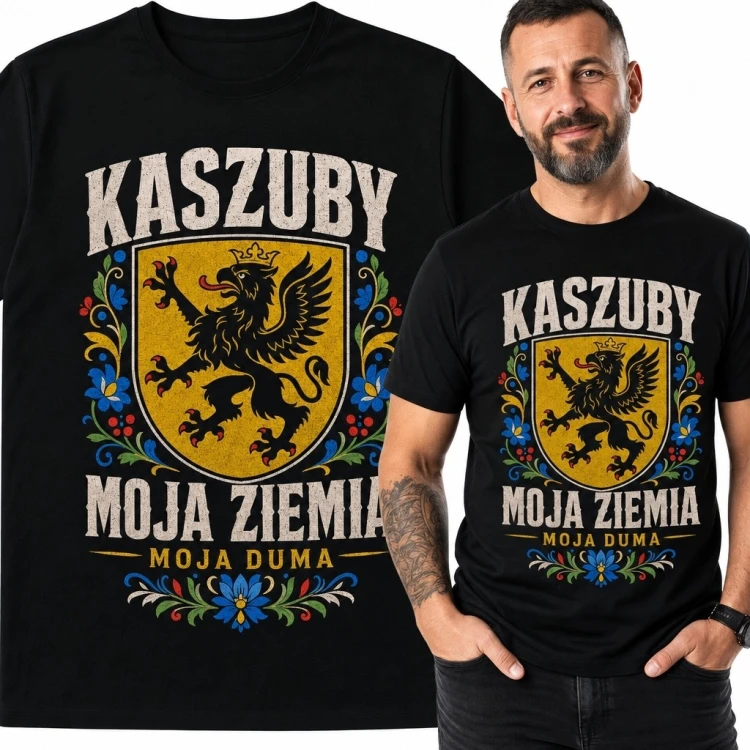 Koszulka męska z gryfem kaszubskim „Kaszuby - moja ziemia, moja duma”