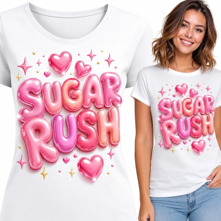 Koszulka damska „Sugar Rush” - różowe balonowe litery 3D z serduszkami