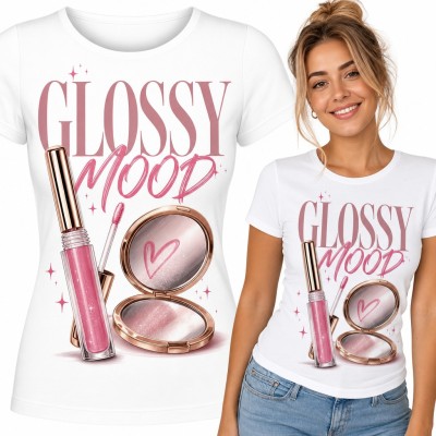 Koszulka damska „Glossy mood” - błyszczyk i lusterko z sercem dla miłośniczki makijażu