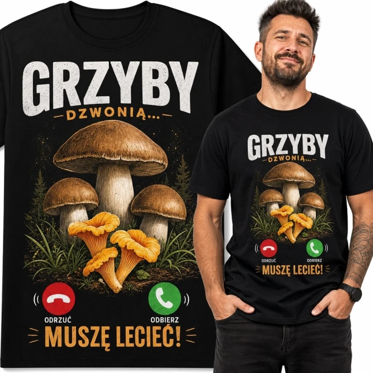 Koszulka męska dla grzybiarza „Grzyby dzwonią... muszę lecieć!” - humorystyczny leśny nadruk