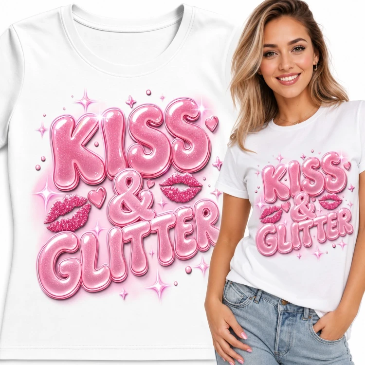 Koszulka damska „Kiss & Glitter” - różowe brokatowe usta i serduszka