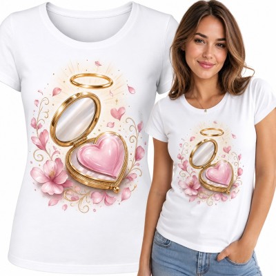 Koszulka damska z lusterkiem w kształcie serca i aureolą wśród różowych kwiatów