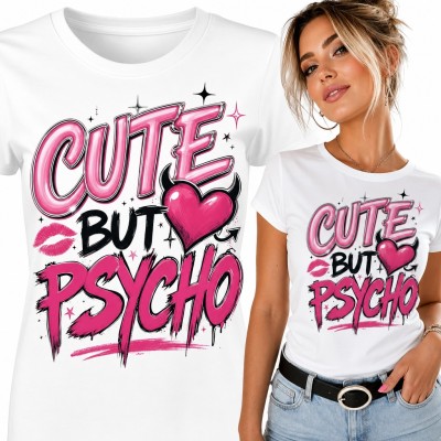 Koszulka damska „Cute but psycho” - różowe serce z diabelskimi rogami w stylu graffiti
