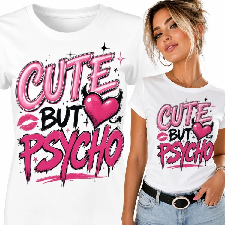 Koszulka damska „Cute but psycho” - różowe serce z diabelskimi rogami w stylu graffiti