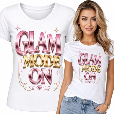 Koszulka damska „Glam mode on” - metaliczny róż i złoto z sercem