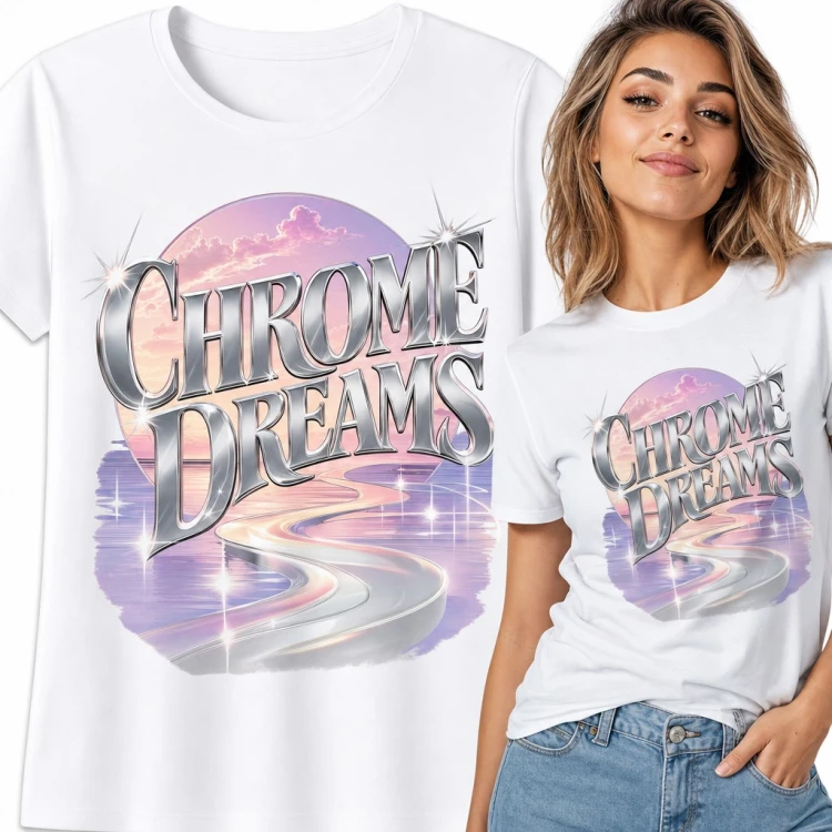 Koszulka damska „Chrome dreams” - chromowany napis Y2K i pastelowy zachód słońca